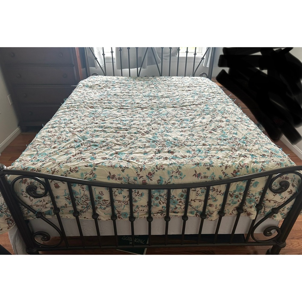Handmade Floral Tied Quilt Cream Turquoise Blue Brown Cottagecore Quilt 2-sided